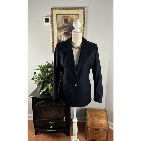 CHARTER CLUB Womens Jacket 4P 100% Wool Navy Blue Long Sleeve 2 Pocket 1 Button - Picture 1 of 10